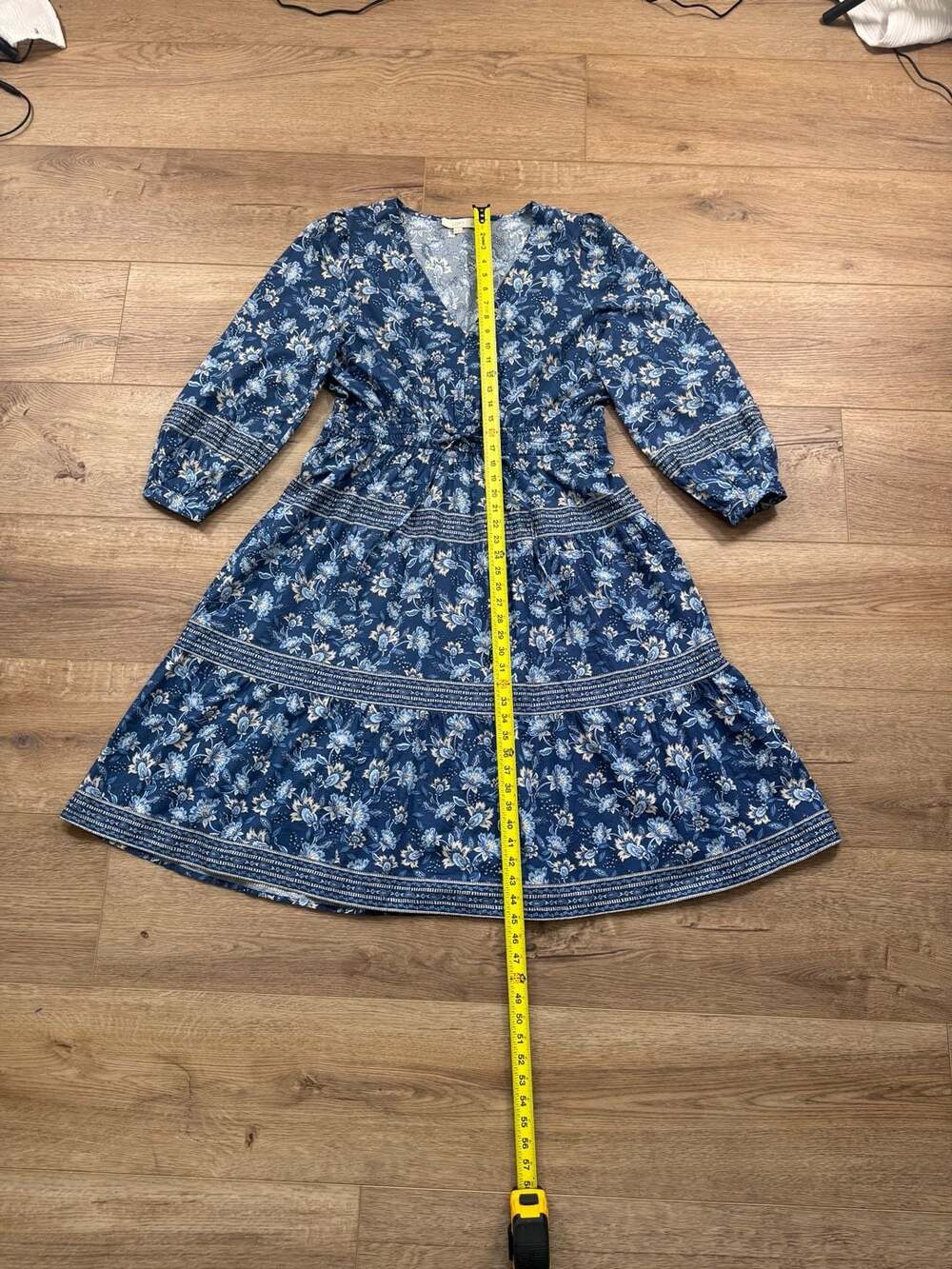 LOFT Petites Blue Floral Tiered Dress V Neck Long Sleeve Size XLP Boho - Picture 4 of 13